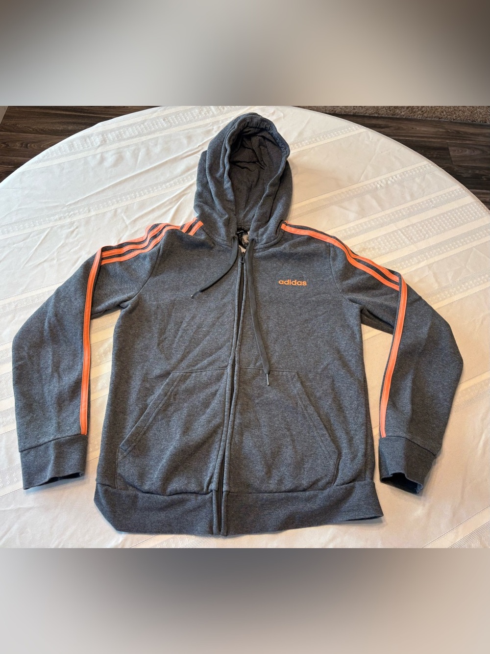 adidas Gray Zip Hoodie with Orange Stripes